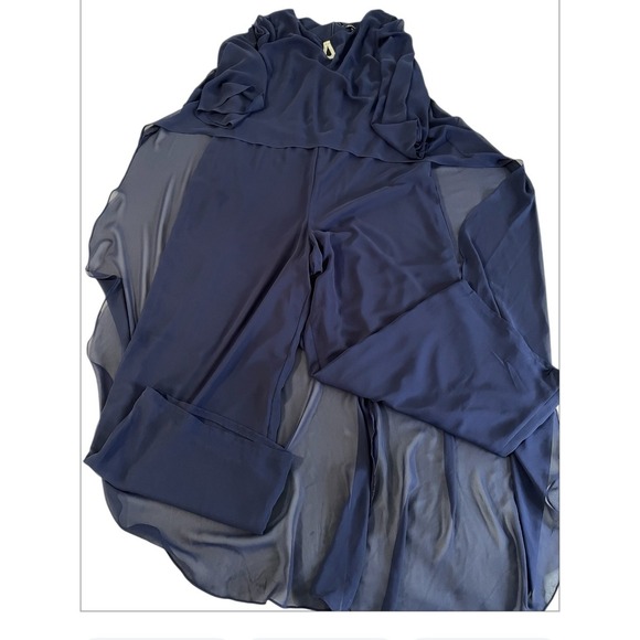 Marina Chiffon Jumpsuit: Embellished Keyhole, Boat Neck, 3/4 Sleeves, Sz 14 Blue - Picture 16 of 16